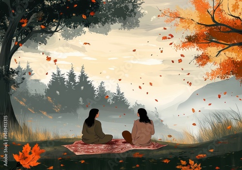 Two people sitting on a blanket in a serene autumn landscape with falling orange leaves, surrounded by trees and distant mountains under a calm sky