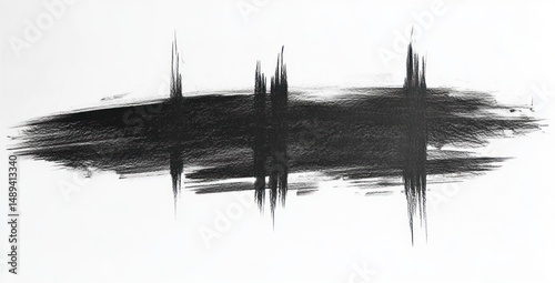 Abstract black textured horizontal brush strokes with vertical sharp spikes on white background conveying contrast and intensity