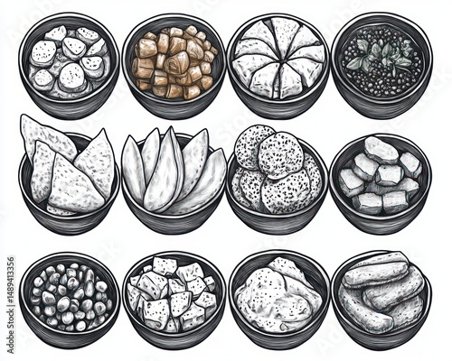Top view of various bowls filled with different snacks, including chips, nuts, bread pieces, and savory treats arranged in a neat grid on a white background