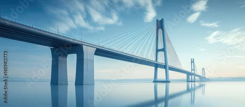 Obraz  z motywem Long modern cable-stayed bridge over calm water under a partly cloudy blue sky, reflecting in the water with a serene atmosphere