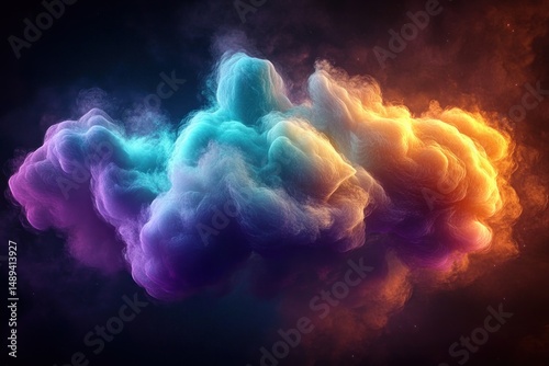 Colorful swirling clouds of smoke blending shades of purple, blue, and orange creating a dynamic, ethereal, and vibrant abstract formation in dark space