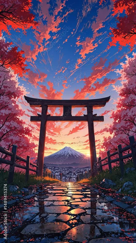 Japanese Torii Gate Scene: A majestic Torii gate stands, framing a ...