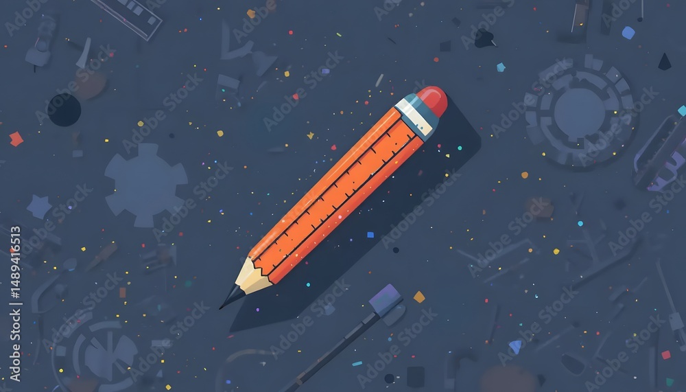 Naklejka premium Creative workspace with orange pencil and colorful confetti elements