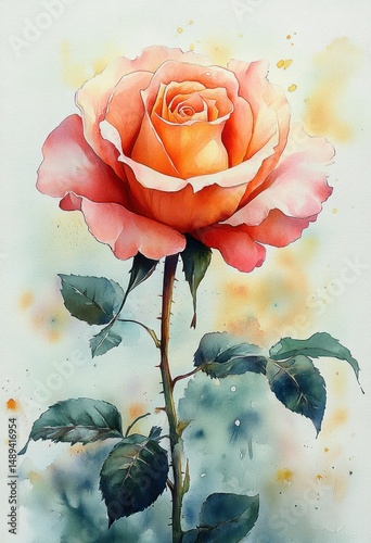 Close-up of a single peach-colored rose with detailed petals and green leaves against a soft watercolor background with warm and cool splashes