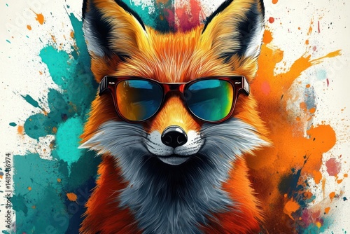 Close-up portrait of a cool orange fox wearing reflective blue-green sunglasses with a colorful splash paint background conveying a playful and confident mood