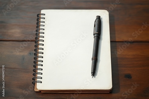Open spiral notebook with blank white pages and a black pen resting on wooden table surface conveying creativity and readiness to write