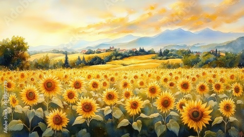 Expansive field of bright yellow sunflowers under a warm glowing sky with distant trees, rolling hills, and faint mountains in the background during sunset