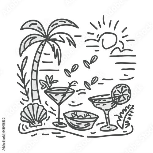 A black and white line art drawing depicting a relaxing beach scene with tropical cocktails, a palm tree, seashell, and a sunset over the ocean. A perfect representation of summer relaxation.

