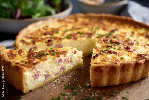 Classic Quiche Lorraine Savory Tart Slice on Wooden Board