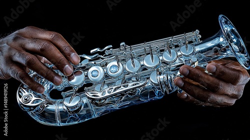 Close-up of dark-skinned hands playing a clear alto saxophone.