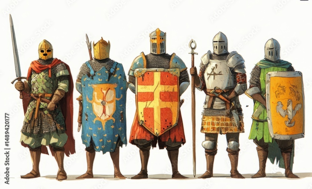 Obraz premium Knights in Formation: A band of armored knights stands at attention, exuding strength and readiness. Their various attire and weapons hint at a rich history and tales of valor.