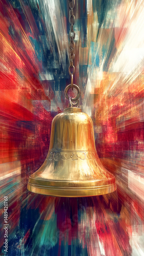 A golden temple bell suspended against a vibrant, abstract background with light streaks, evoking a spiritual and festive atmosphere.