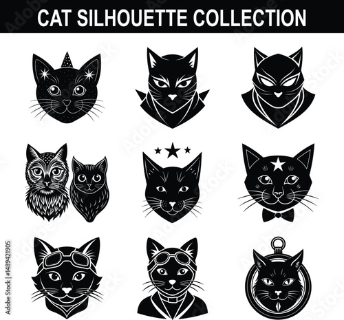 Diverse collection of black cat silhouette illustrations showcasing unique designs and styles