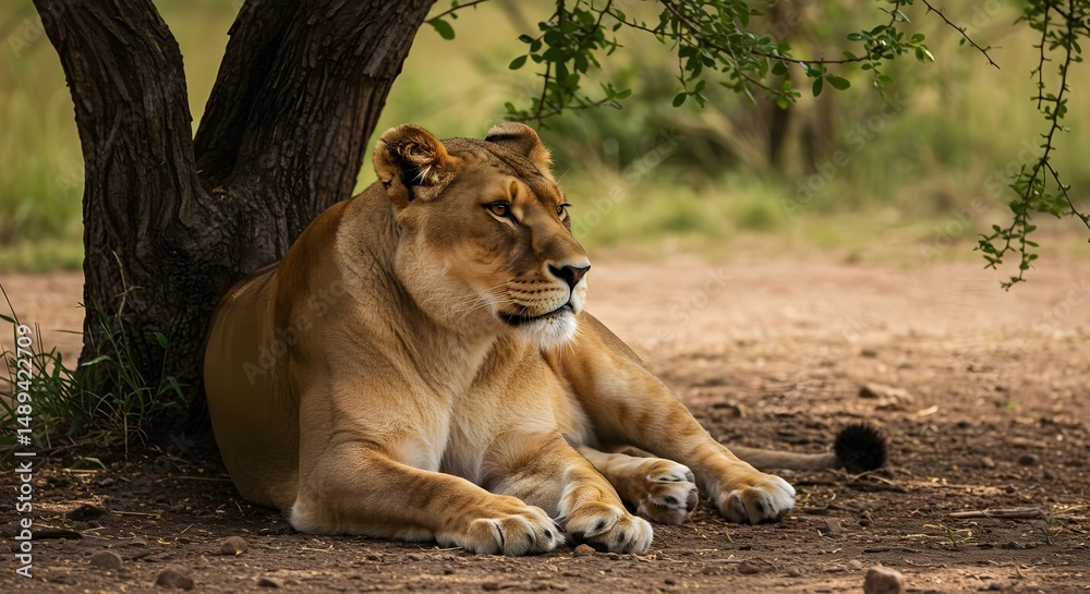 Obraz premium Lioness Resting in the Shade Under a Tree in a Natural Setting