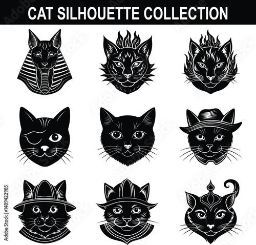 Vector illustration collection of detailed black cat silhouette heads with diverse styles and accessories