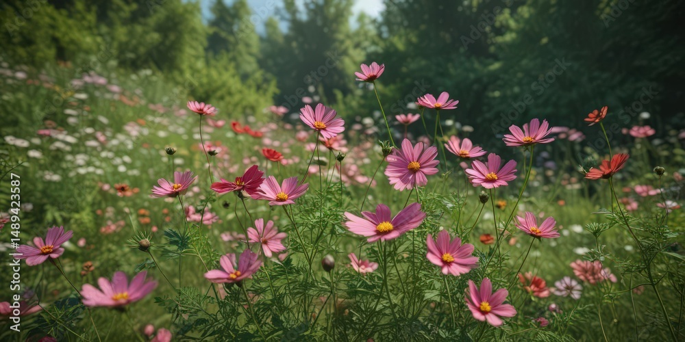 Fototapeta premium Cosmos flower heads in full bloom, surrounded by green foliage , closeup, details, bloom