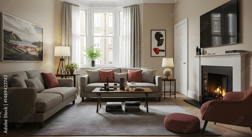 Fototapeta premium Modern Terraced Room Interior Design in London with Cozy Atmosphere