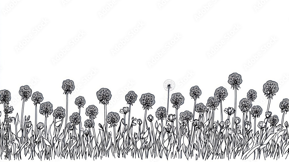 Naklejka premium Dandelions in field, seed dispersal, nature border, illustration