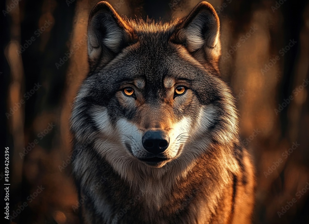 Fototapeta premium Close-up of a focused grey wolf with amber eyes in a softly lit forest background during golden hour