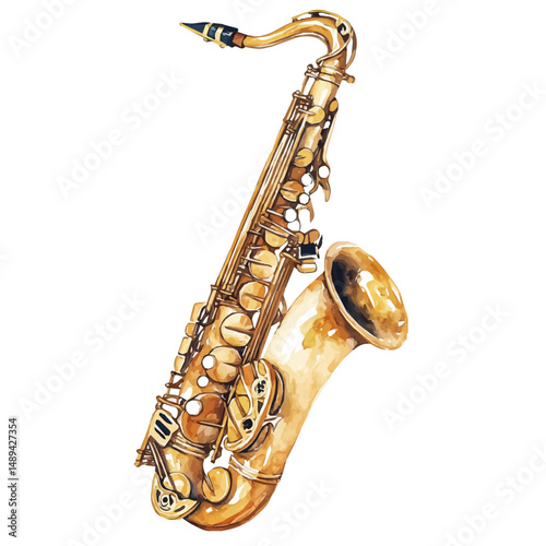 watercolor of Saxophone With Gold Finish, vector high quality, isolated on a white background.