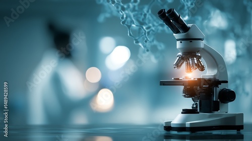 Biotech Innovation Concept with Microscope and DNA Strand. Generative AI
