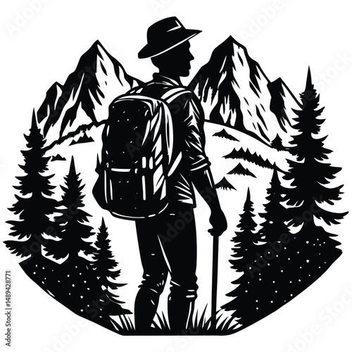 Double Exposure Style Hiker in Mountain Landscape Photography
