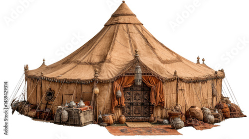 Majestic Tent: A beautifully detailed tent with intricate designs and vibrant colors evokes a sense of exoticism and wonder. It stands as a symbol of adventure, luxury, and the nomadic lifestyle.