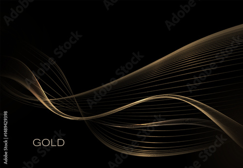 Isolated design element, great wavy gold shape on black background.