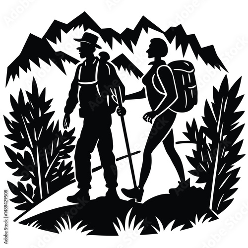 Silhouette of a Couple Hiking Together in the Mountains