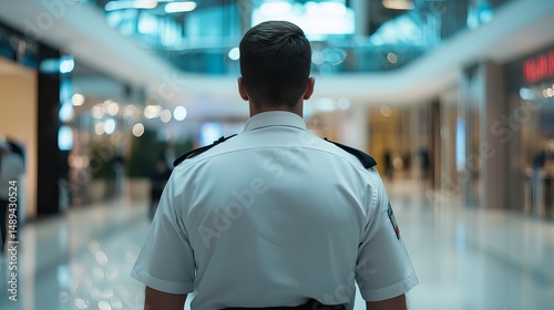 Security guard in modern shopping mall interior back view man duty white shirt image photo alert