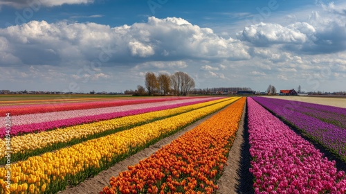Colorful tulip fields stretching into the horizon under a partly cloudy sky