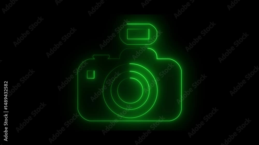 Neon glowing neon color camera video icon on black background animation