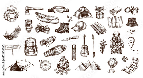 Hand drawn vintage sketch of travel and camping gear with hiking equipment and nature elements in engraved style