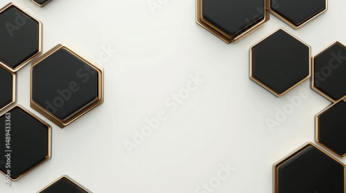 black hexagonal banner, clean white background, matte black hexagon pattern with thin gold line accents, Ai generated images