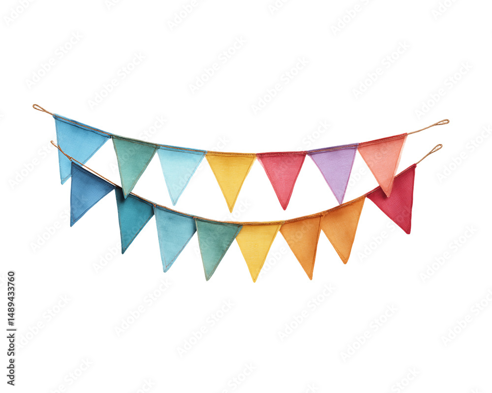 Fototapeta premium Colorful Triangular Bunting Flags on Twine, Transparent Background, PNG