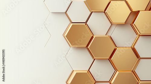 gold hexagonal banner, clean white background, matte gold hexagon pattern with thin black line accents, Ai generated images