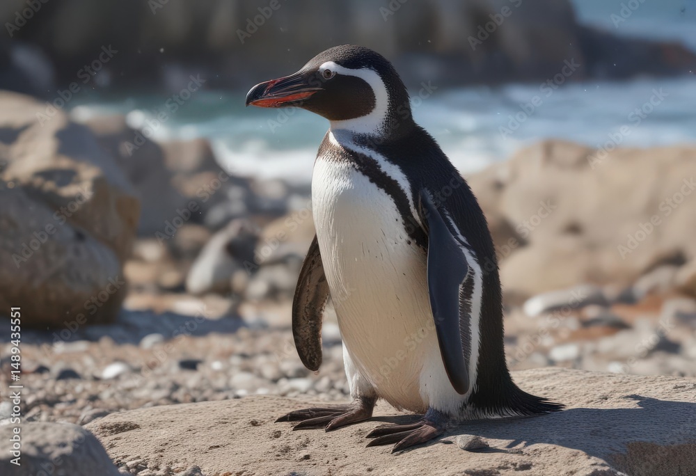 Naklejka premium Humboldt penguin preening its feathers on a rocky beach , natural habitat, nature