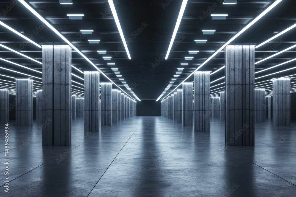 Fototapeta premium Futuristic, sleek hallway with neon lighting and concrete pillars