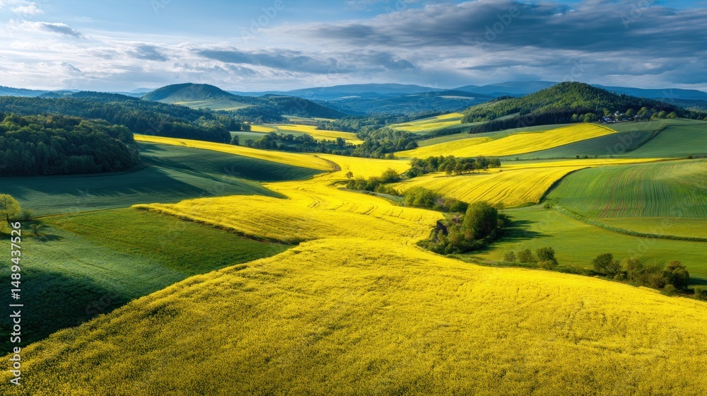 Obraz premium Scenic rural landscape with rolling hills, vibrant yellow fields, and lush green vegetation