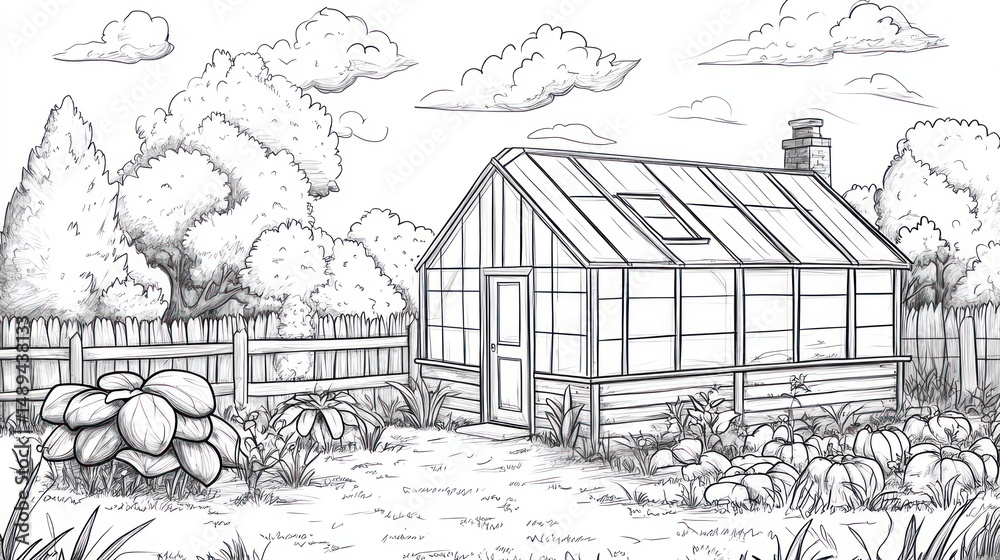 Fototapeta premium Greenhouse garden backyard sketch, plants growing, sunny day