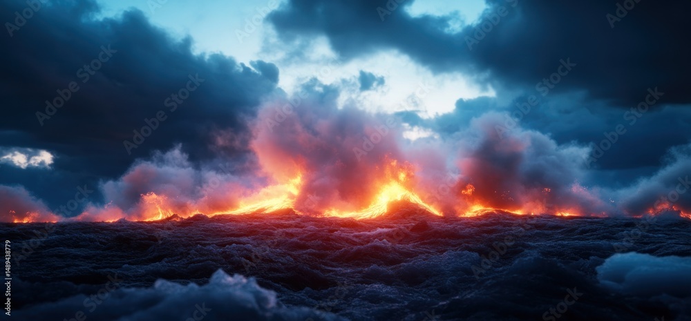 Fototapeta premium Fiery landscape of clouds and lava