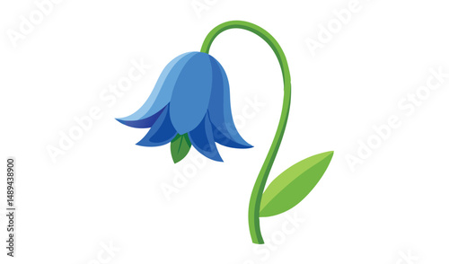 Stylized Illustration of a Solitary Bluebell Flower with a Curved Green Stem and Leaf