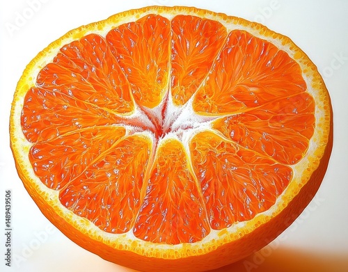 Close-up of a fresh, juicy orange half displaying bright orange segments and white central pith on a plain white background