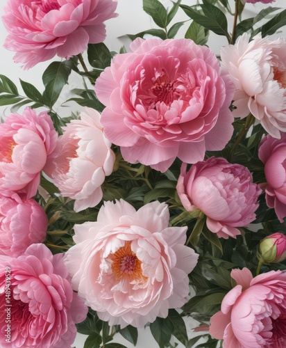 Vibrant pink peonies and roses bouquet, white backdrop ,  delicate,  colorful,  beauty