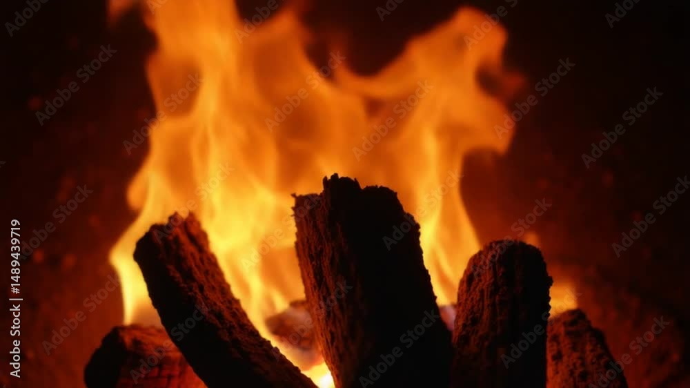 Burning fire over the smouldering logs. Firewood coal in the fireplace. Texture of burned wooden logs. Hot flame in a bonfire. Slow Motion. Close-up.