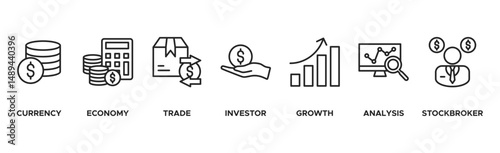 Forex banner web icon vector illustration concept with icon of currency, economy, trade, investor, growth, analysis and stockbroker