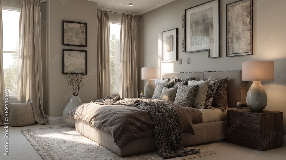 Fototapeta premium Cozy, sun-drenched bedroom with neutral tones and artwork