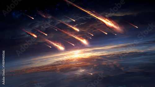 Meteor Shower Streaking Across Night Sky Over Earth