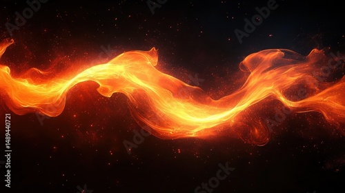 Dynamic swirling flame with bright orange and yellow hues against a dark background, emitting sparks and glowing embers, conveying intense energy and motion