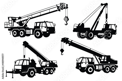 Set of Truck Cranes in Silhouette, Heavy Construction Equipment for Building, Loading, Lifting Operations.